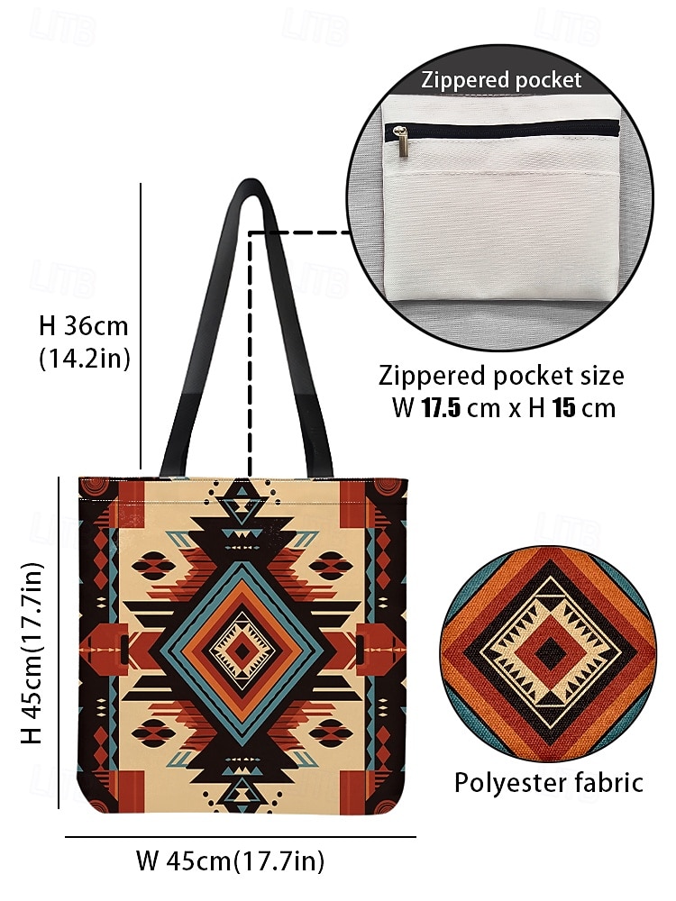 Women's Large Printed Tote Bag with Zipper Pocket, Bohemian Tribal Pattern, Durable Polyester Shoulder Bag for Travel, Shopping and Daily Use 2026 - $14.99 –P3