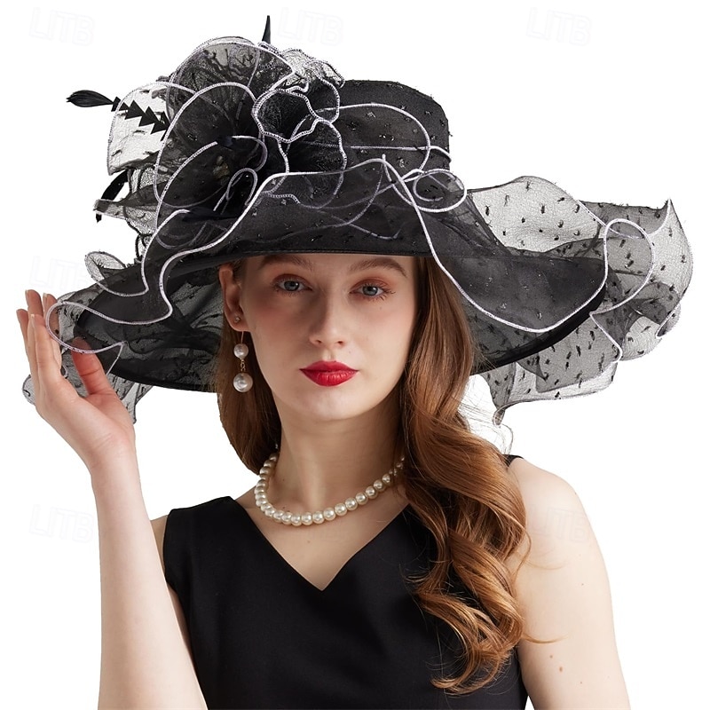 Women Elegant Organza Derby Hat Wide Brim Sun Hats for  display picture 1
