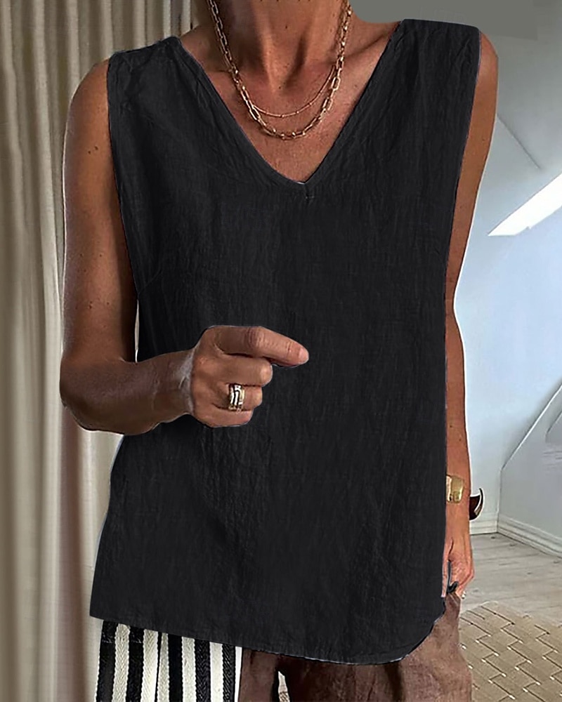 Dames Overhemd Linnen-geïnspireerde sets Blouse Effen Modern Casual Mouwloos V-hals Normale tops Dagelijks Feestdagen Zwart Blozend Roze Leger Groen Beige Grijs Zomer 2025 - $19.99 –P5