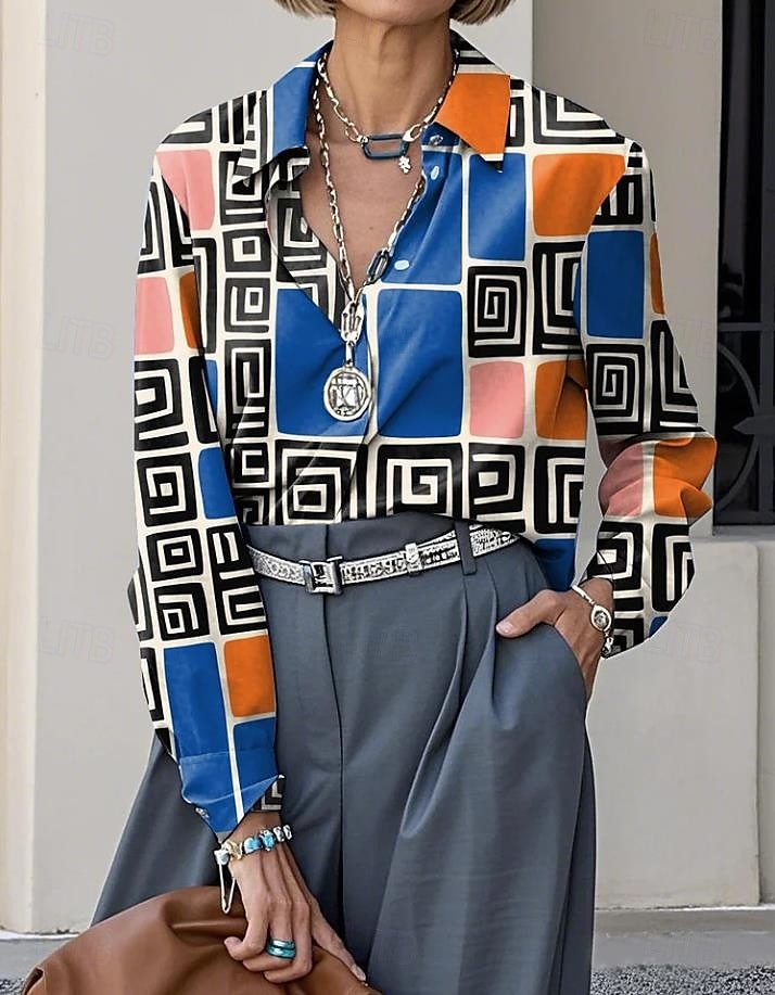 Dames Overhemd Grafisch Geometrisch Ruitjes Casual Lange mouw Overhemdkraag Normale tops Werk Dagelijks Knop Afdrukken Zwart Wit Blozend Roze blauw Bruin Zomer Lente Herfst 2025 - $32.99 –P7