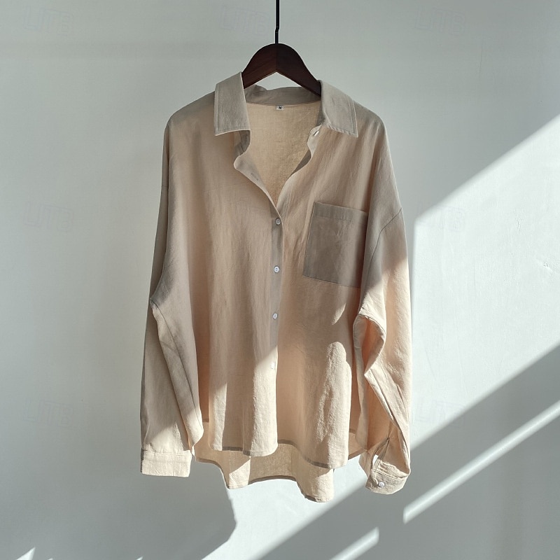 Damen Hemd Baumwoll-Leinen-Hemden Bluse Einfach Modern Lässig Langarm Hemdkragen Normale Oberteile Täglich Ferien Ausgehen Knöpfe Tasche Hellgrün Rosa Blau Aprikose Grau Sommer 2025 - $25.99 –P4