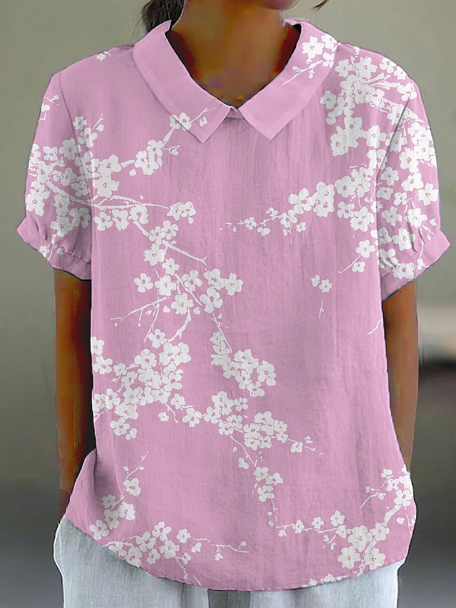 Dame Bluse Blomstret Grafisk Årgang Tropisk Stilfull Kortermet Skjortekrage Vanlige topper Arbeid Daglig Trykt mønster Rosa Blå Grønn Kakifarget Sommer Vår 2025 - $23.99 –P4