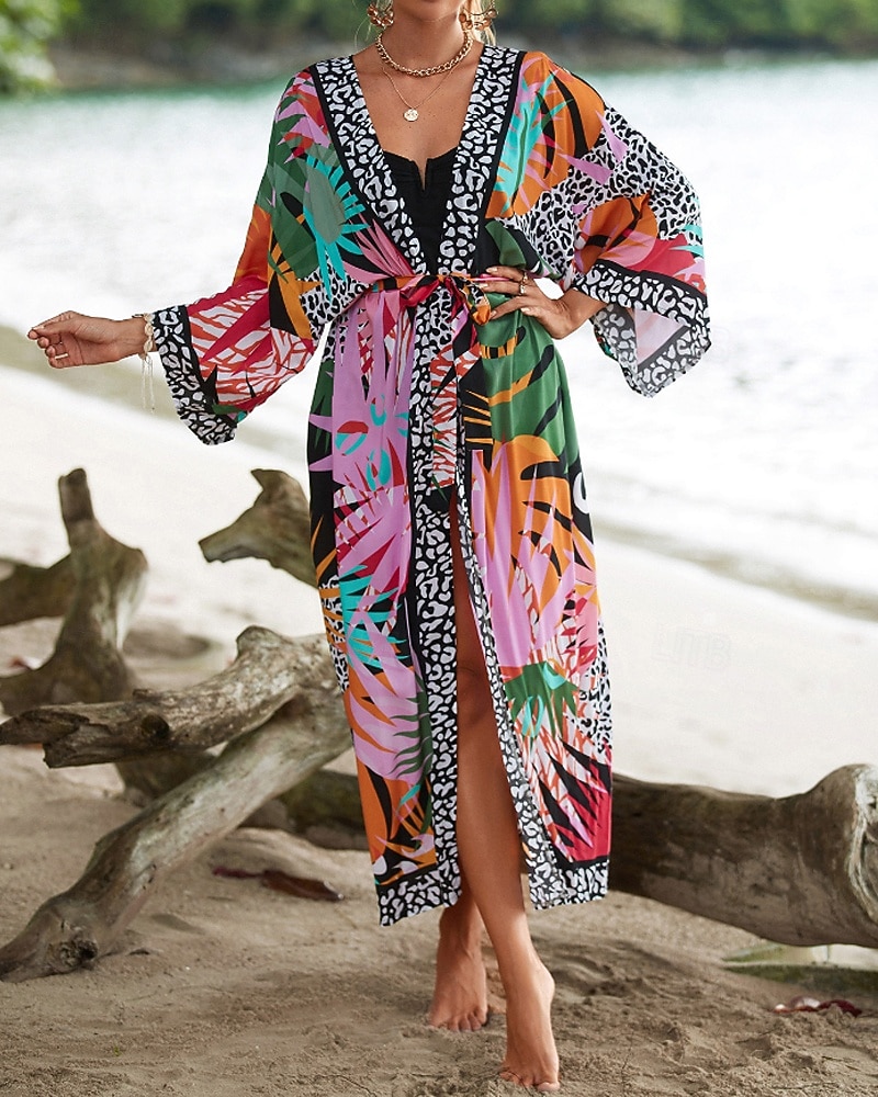 Жен. Купальники Накидка купальник галстук спереди тропический Одежда для пляжа Цветы V-образный вырез Длинный рукав Купальники 2026 - $25.99 –P1