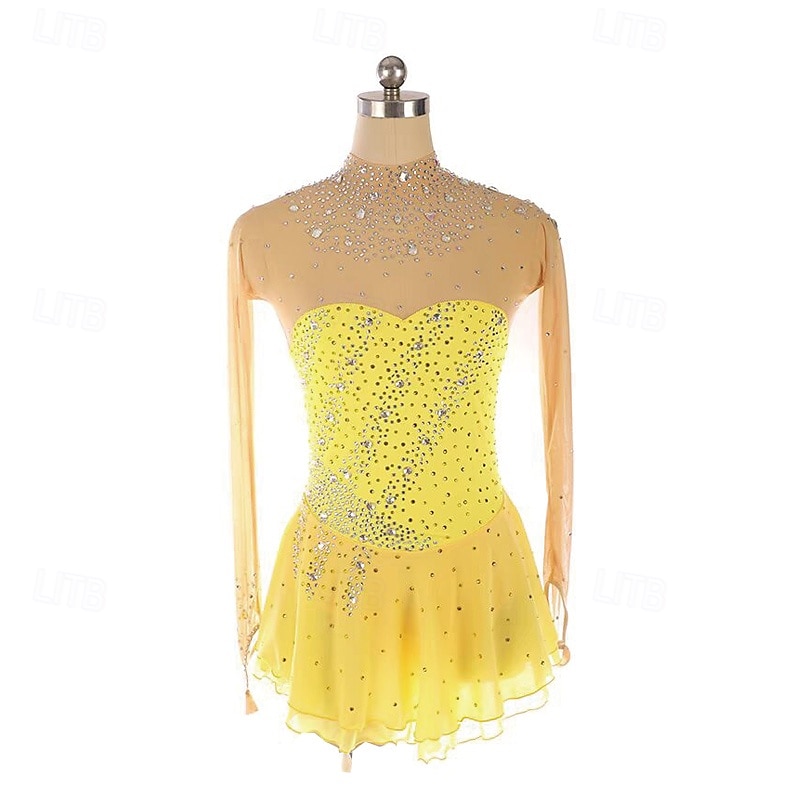 Figure Skating Dress Women's Girls' Ice Skating Dress Yellow Patchwork Thumbhole Mesh Spandex Stretchy Training Practice Professional Skating Wear Thermal Warm Crystal / Rhinestone Long Sleeve Ice 2025 - $166.99 –P4