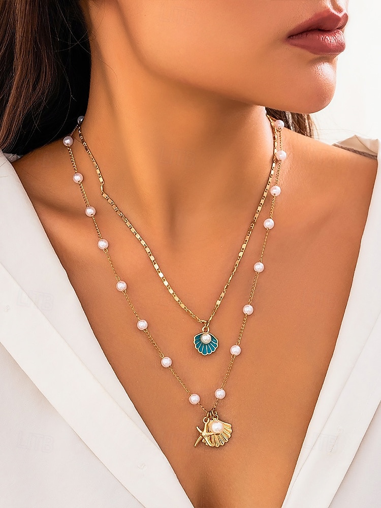 Women's Summer Beach Necklace with Pearl, Shell and Starfish Charms – Gold-Plated Layered Necklace for Vacation, Casual Outfits and Special Occasions 2025 - $11.99 –P4