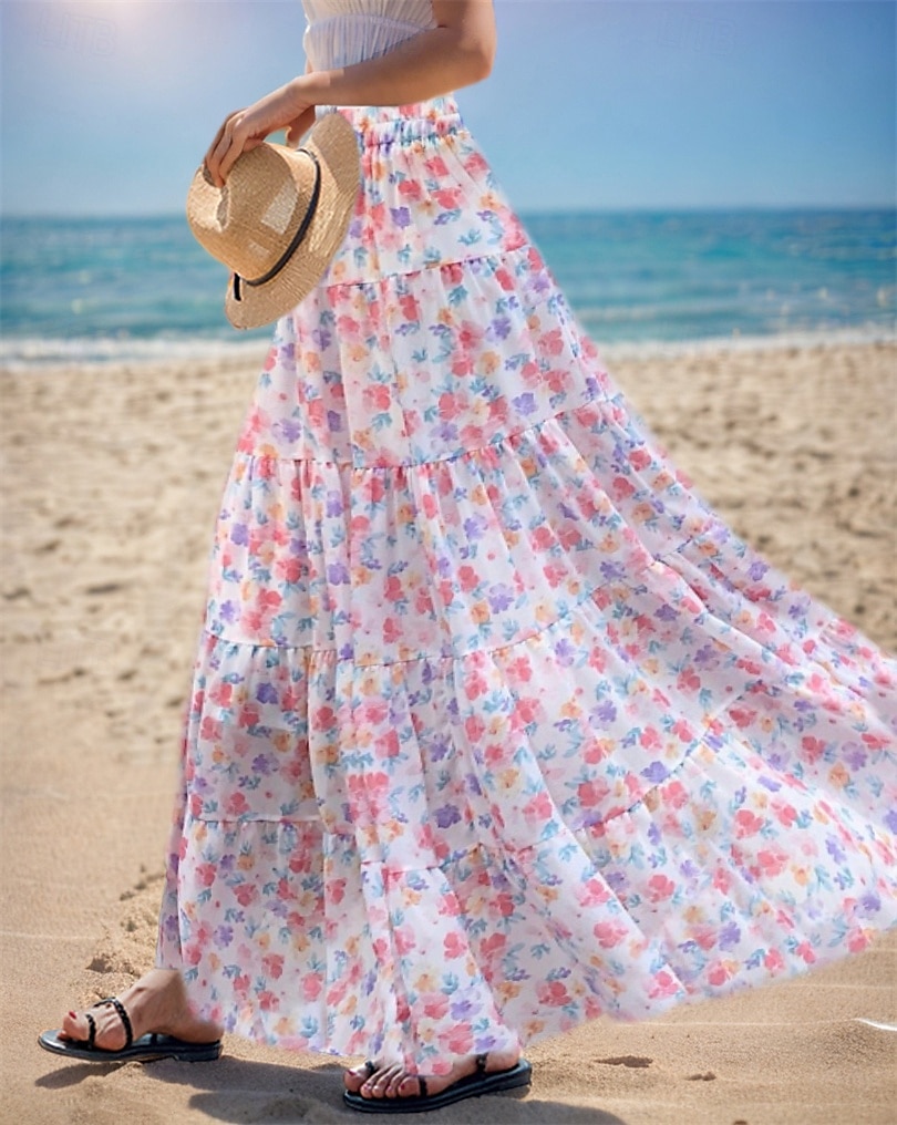 Dame Asiatisk størrelse الالتفاف Huske Lang Lengde Høst Maksi Høyt liv Skjørt Blomstret Fargeblokk Multi Layer Chiffon Trykt mønster Mikroelastisk Feriereise Fritid / hverdag Hvit Rosa Rød Blå Sommer 2025 - $27.99 –P4