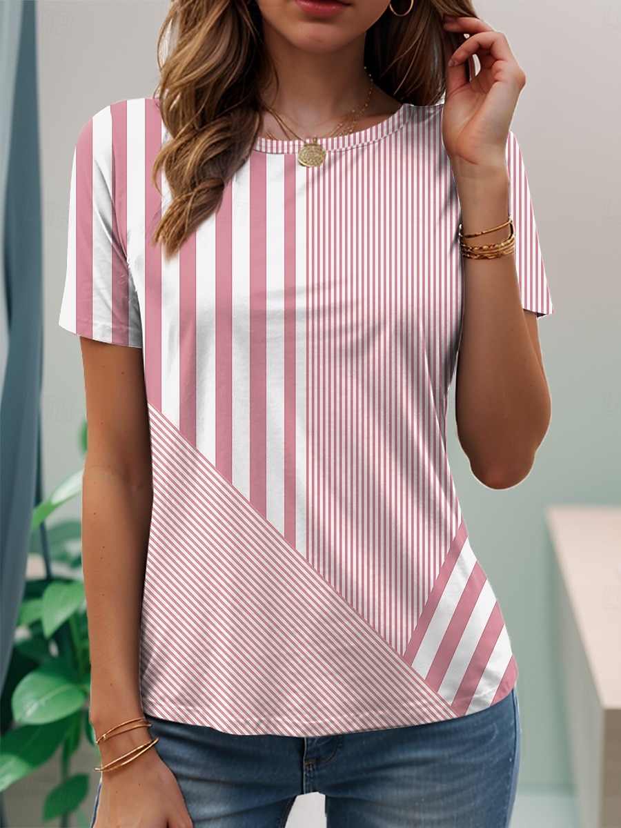 Dame T skjorte Grafisk Geometrisk Årgang Stilfull Klassisk Kortermet Crew-hals Vanlige topper Daglig Helg Strand Klær Trykt mønster Rosa Blå Lilla Grønn Grå Sommer Vår 2025 - $19.99 –P5