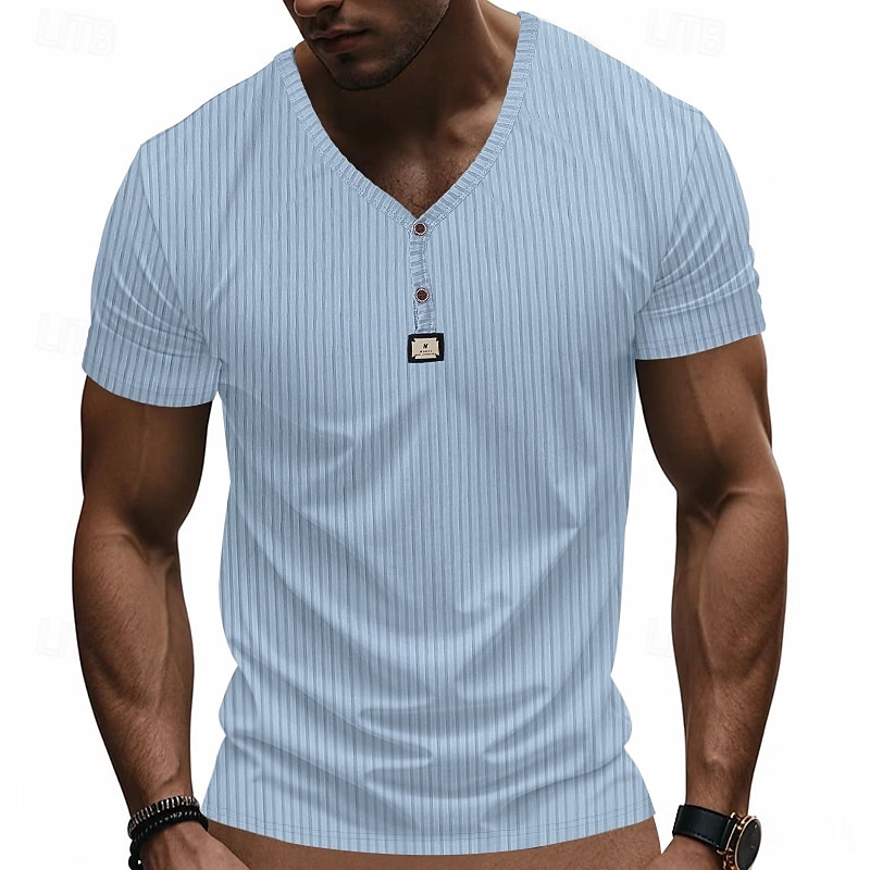 Men's T Shirt Henley Shirt Tee Short Sleeve Shirt Short Sleeve V Neck Summer Plain Fashion Designer Basic Jacquard Vacation Street Going out Black White Khaki Top Tee for Men 2025 - $16.49 –P12