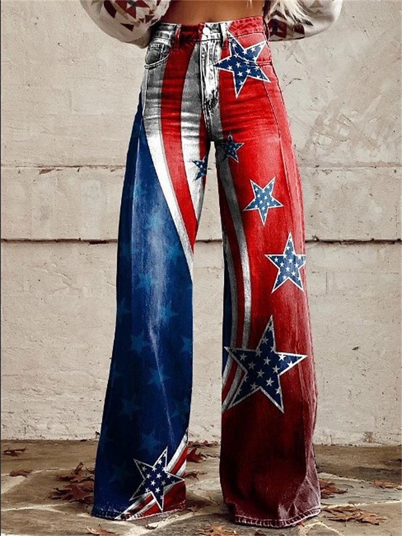 Retro Vintage 1970er Patriotisch Hose Hose mit weitem Bein Hippie Disco Hohe Taille Sterne USA Flagge Jeans-Imitat Kostüm Damen 4. Juli Mexikos Unabhängigkeitstag Musikfestival Alltagstauglich 2026 - $32.99 –P2