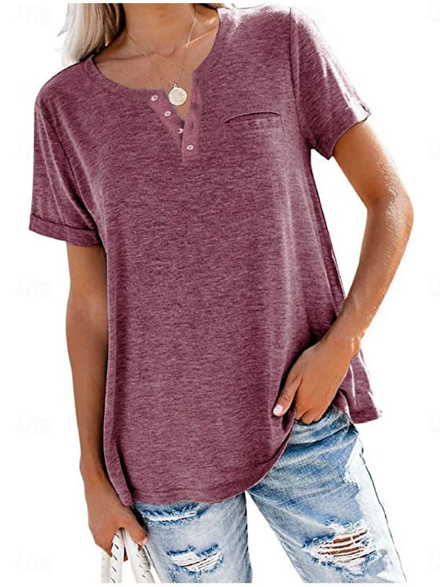 Women's Blouse Solid Color Stylish Casual Short Sleeve V Neck Regular Tops Daily Buttons Pocket Pink Wine Blue Khaki Gray Summer 2025 - $17.99 –P2