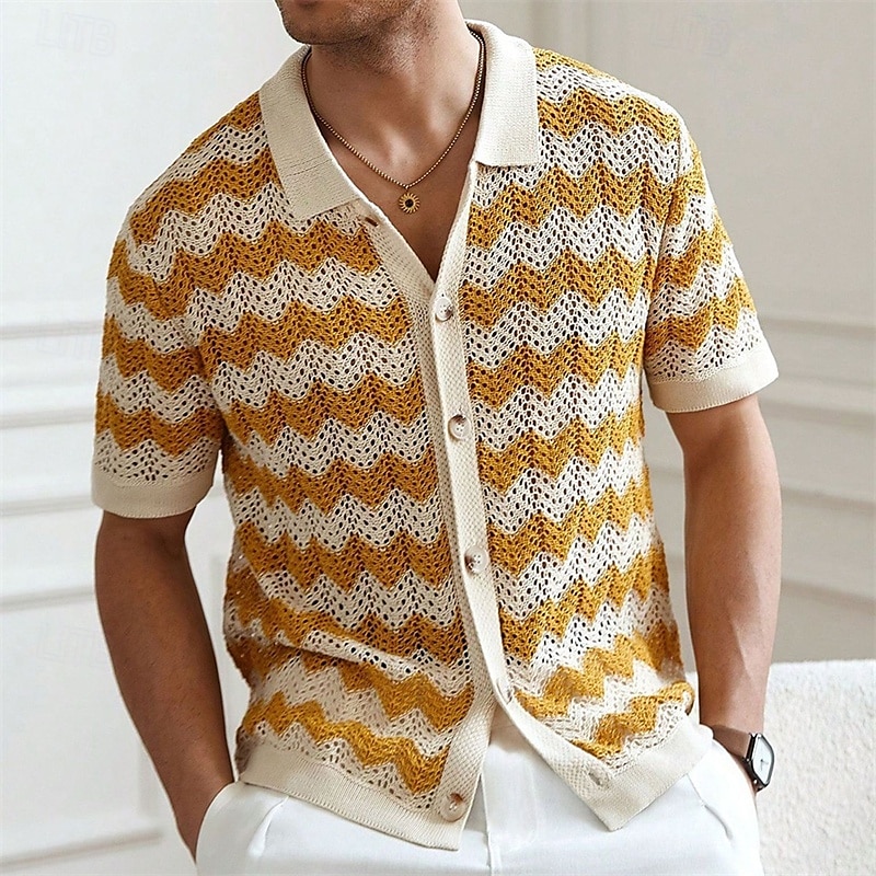 Férfi Button Up Polos Golfing Hétköznapi Sport Hajtóka Rövid ujjú Divat Alap Vonalak / hullámok Gombok Nyár Sárga Kék Barna Button Up Polos 2025 - €26.36 –P5