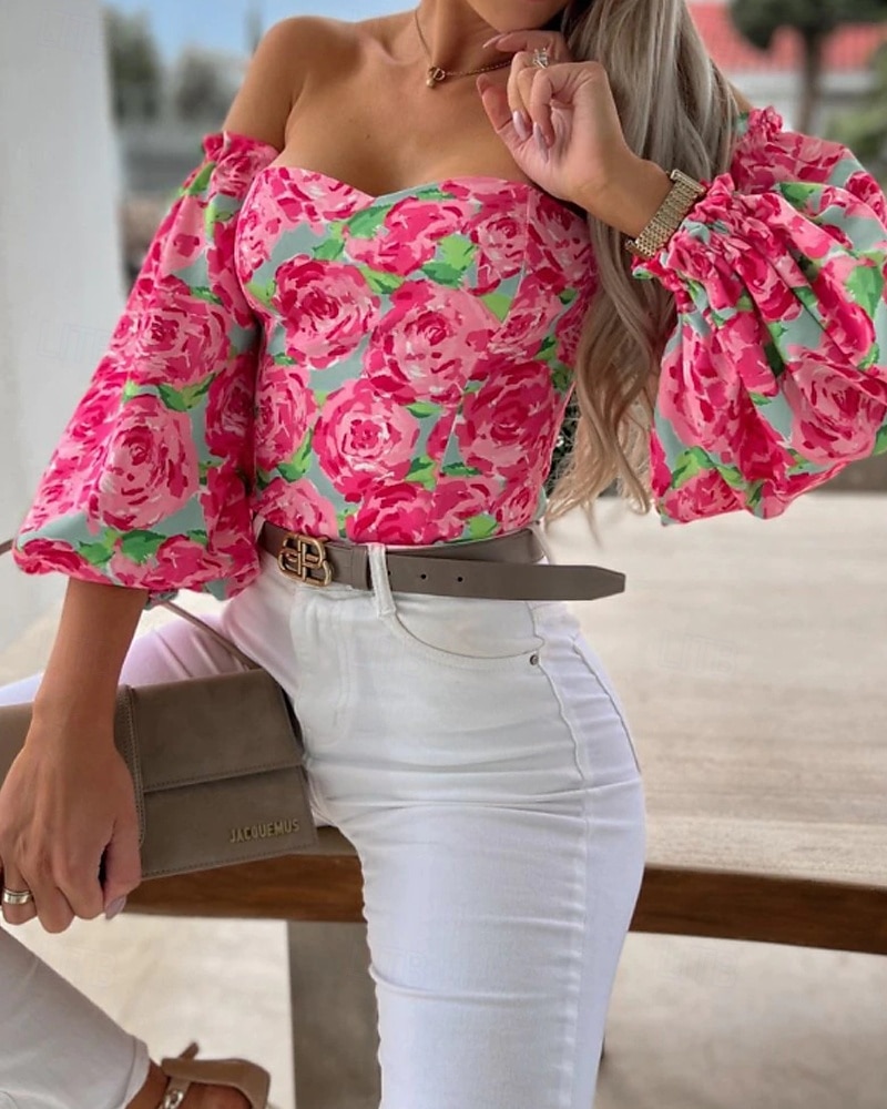 Damen Boho-Hemd Bluse Blume Modern Boho Langarm Schulterfrei Normale Oberteile Täglich Ausgehen Druck Erröten Sie Rosa Rosa Wein Rote Purpur Sommer 2025 - $21.99 –P15
