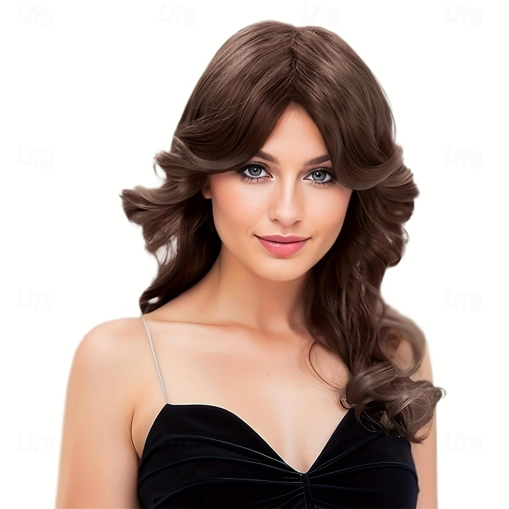 Brune 70-talls parykker kvinner fjærende parykker disco vintage kvinnehår parykk lang naturlig syntetisk parykk dame fest cosplay kostyme mote tilbehør Halloween parykker 2025 - $27.99 –P5
