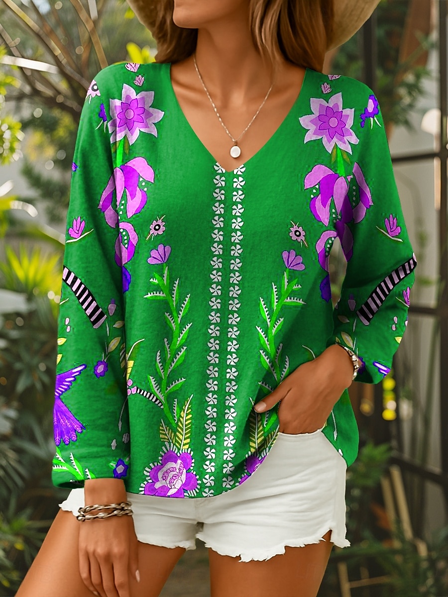 Dame Bluse Blomstret Grafisk Stilfull Fritid Langermet V-hals Vanlige topper Daglig Rød Blå Lilla Grønn Sommer Vår 2025 - $24.99 –P6