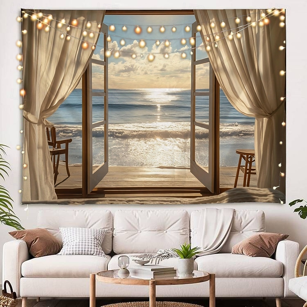 vindusgardiner havbølger kokospalmer landskap billedvev dekorativ kunst tepper gardiner hengende hjem soverom stue dekorasjon 2026 - $16.99 –P10