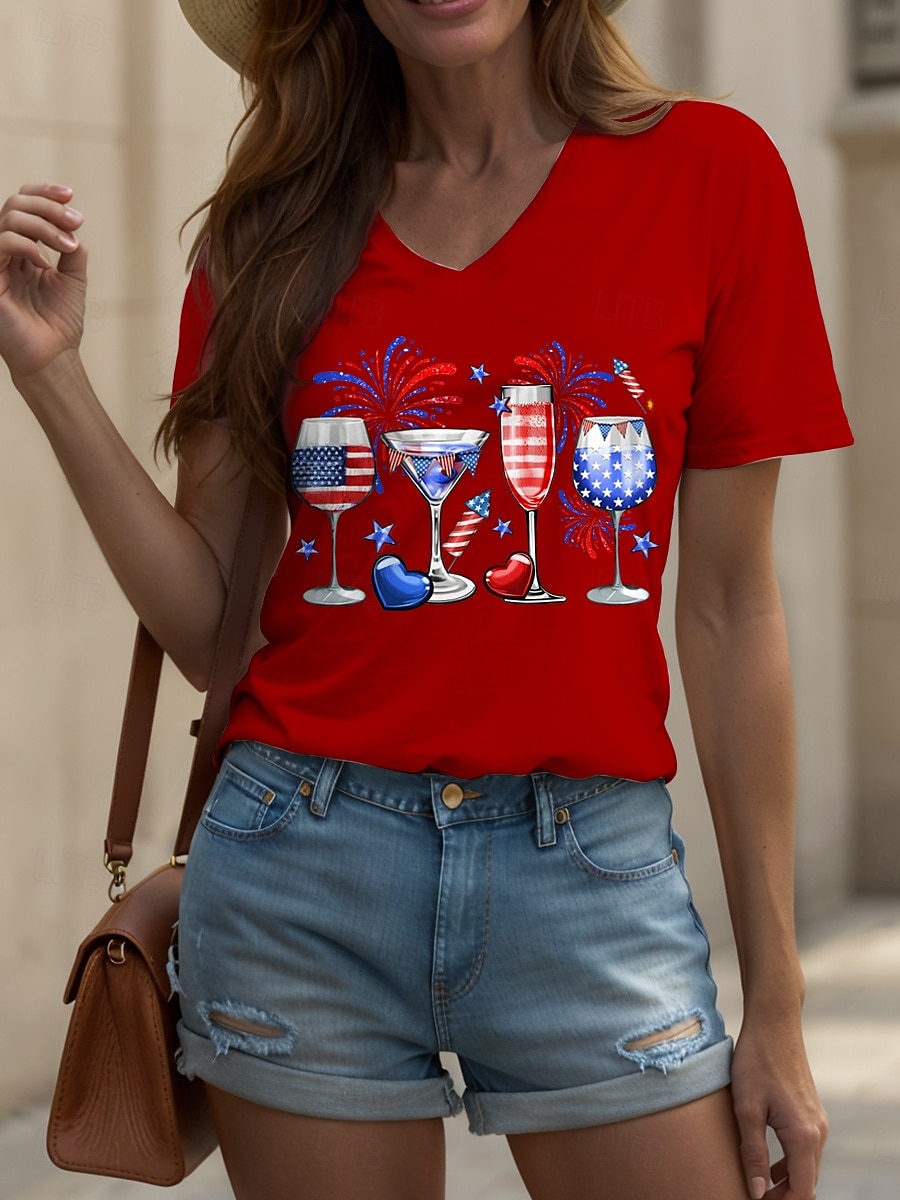 T-shirt patriote pour femmes graphique cœur étoile vintage élégant classique à manches courtes col en V tops réguliers quotidiens week-end imprimé noir blanc rouge bleu violet été printemps de 2025 ? $19.99 –P4