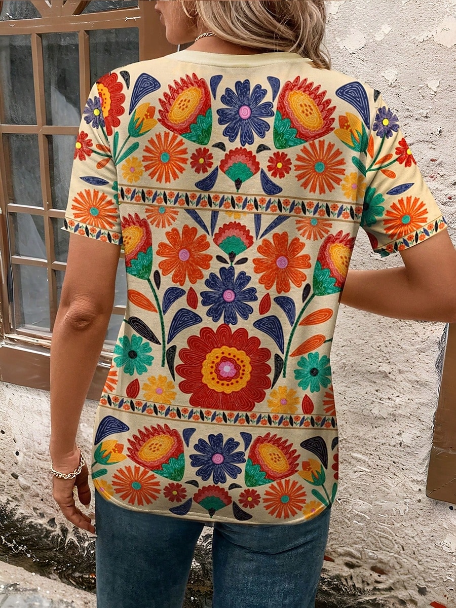 Dame T skjorte Blomstret Grafisk Planter Årgang Stilfull Klassisk Kortermet Crew-hals Vanlige topper Daglig Helg Trykt mønster Blå Lilla Oransje Grønn Sommer 2025 - $19.99 –P2