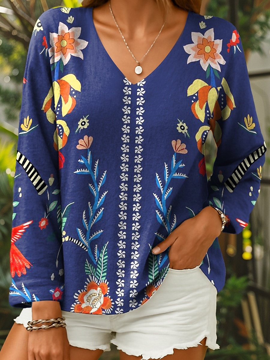 Dame Bluse Blomstret Grafisk Stilfull Fritid Langermet V-hals Vanlige topper Daglig Rød Blå Lilla Grønn Sommer Vår 2025 - $24.99 –P3