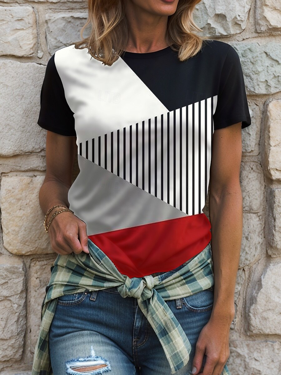 Dame Bluse Grafisk Geometrisk Ruter Årgang Stilfull Klassisk Kortermet Crew-hals Rund hals Vanlige topper Daglig Lomme Knapper Rød Blå Lilla Grønn Sommer Vår 2025 - $19.99 –P1