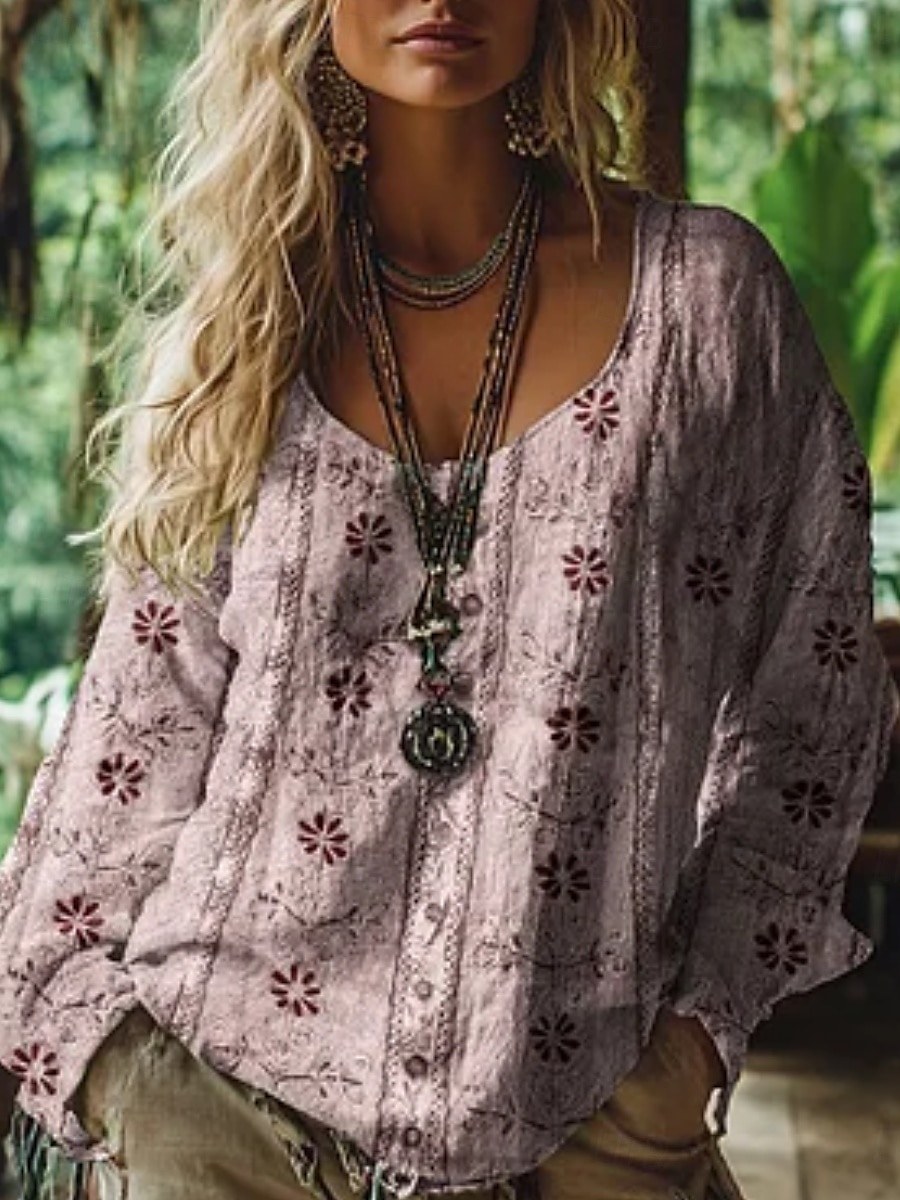 Bluză western pentru femei, cămașă boho, bluză cu imprimeu floral, modern, casual, mânecă lungă, decolteu în V, topuri obișnuite, zilnic, vacanță, ieșiri în oraș, imprimeu, verde deschis, roz, albastru, violet, verde, vară, toamnă 2025 - $19.99 –P2