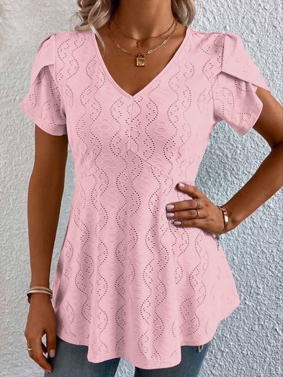 Women's Blouse Solid Color Stylish Basic Casual Short Sleeve V Neck Regular Tops Daily Lace Patchwork Black White Pink Blue Purple Summer 2025 - $17.99 –P3