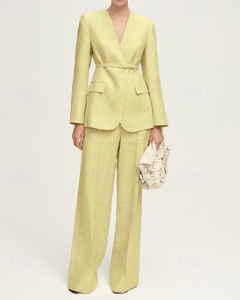 Blazer sans col ensemble deux pièces combinaison lin mélangé mère de la mariée combinaison élégante simple minimaliste en V longueur de sol manches longues avec couleur unie de 2025 ? $189.99 –P8