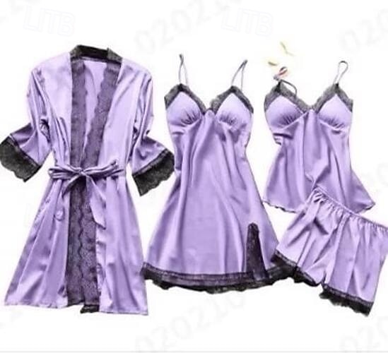 pyjamasset för kvinnor 4 stycken ren färg enkel avslappnad mjuk hem daglig säng polyester andas v wire långärmad dräkt topp shorts resår midja sommar vår hem outfits 2025 - $25.99 –P9