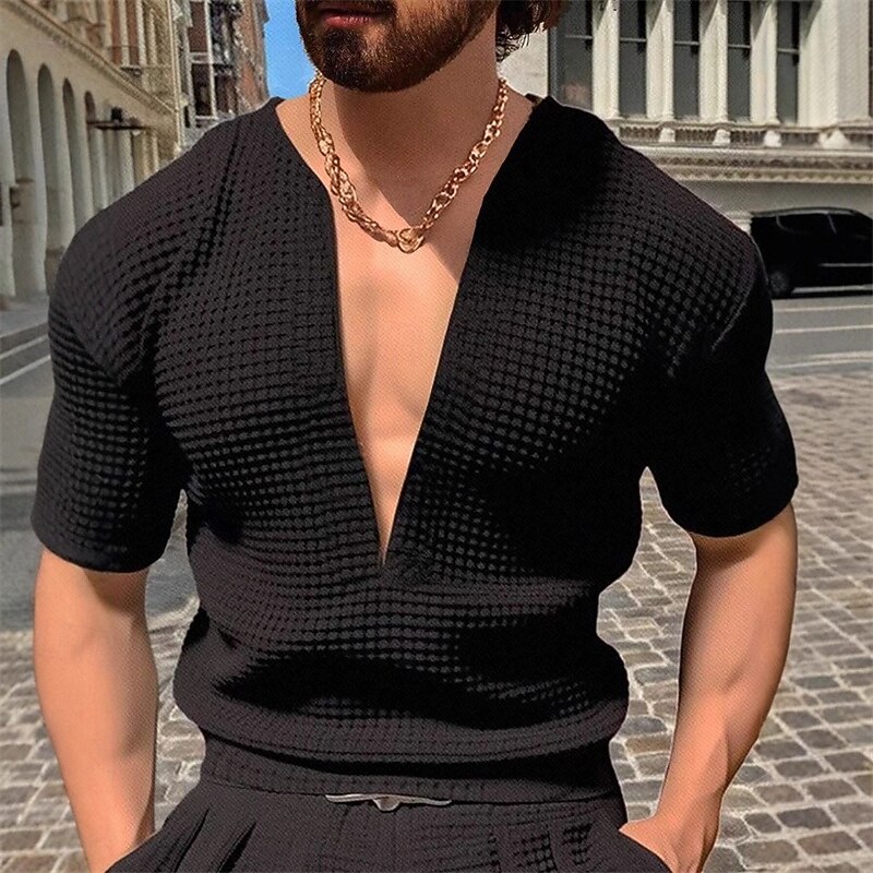 בגדי ריקוד גברים טי וופל חולצה קצרה טי שירטס חולצה עם שרוולים קצרים שרוולים קצרים V עמוק קיץ אחיד אופנתי מעצב בסיסי סרוג חופשה רחוב ליציאה שחור אדום כחול נייבי חולצה עליונה לגברים 2025 - $18.99 –P10