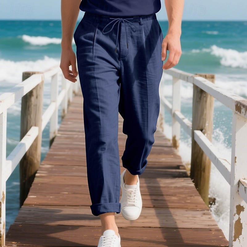 Herr Linne Byxor Långbyxor Sommarbyxor Strandbyxor Ficka Snörning Elastisk midja Slät Komfort Andningsfunktion Semester Dagligen Helgdag Hawaiisk Boho Ljus kaki Svart 2025 - $22.99 –P8