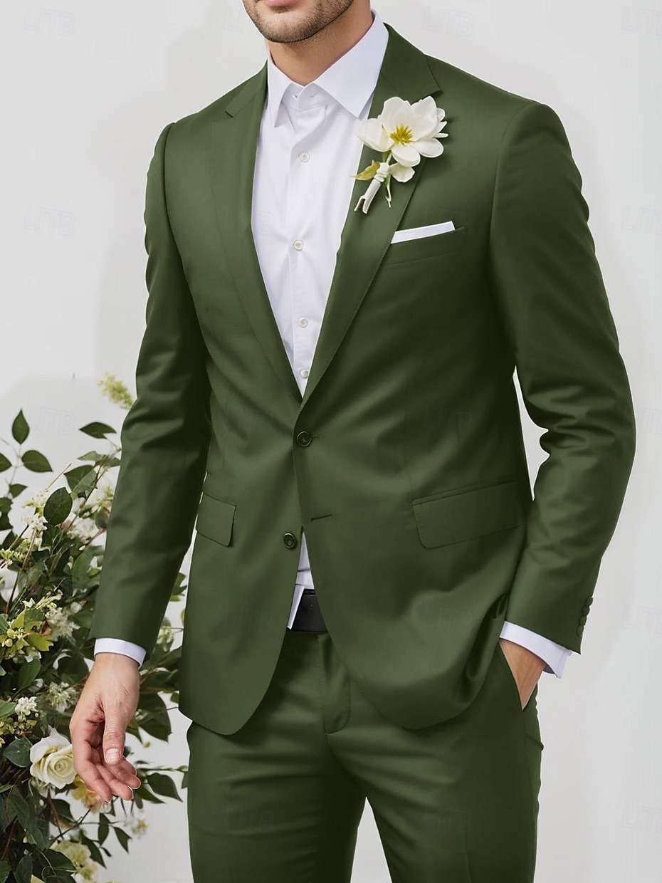 costumes de mariage pour hommes, vert armée, mode d'été, formel, couleur unie, coupe standard, 2 pièces, simple boutonnage, deux boutons de 2025 ? $119.99 –P1