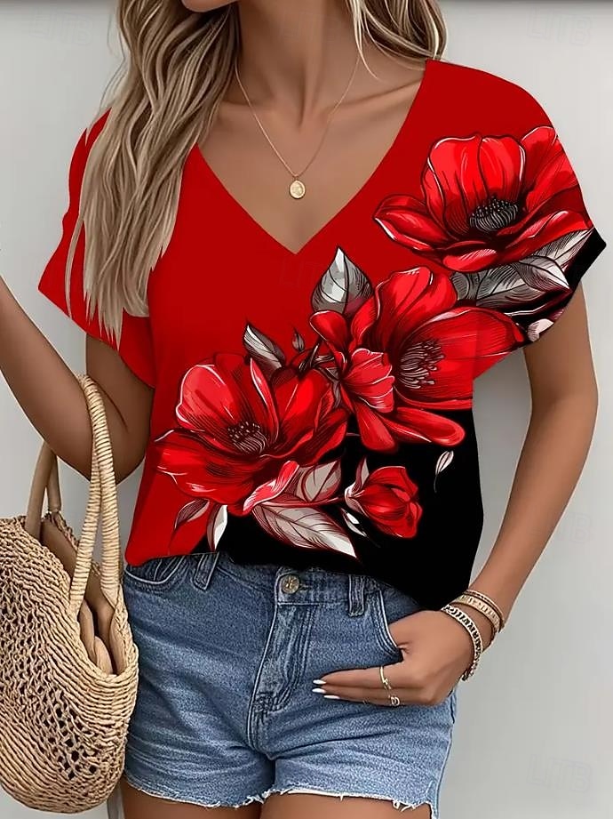 Femmes T-shirt A Ombre Graphique Plantes Mode Hawaïen Occasionnel manche longue Col en V Hauts Réguliers Quotidien Sortir Week-end Imprimé Jaune Rouge Été Printemps de 2025 ? $19.99 –P2