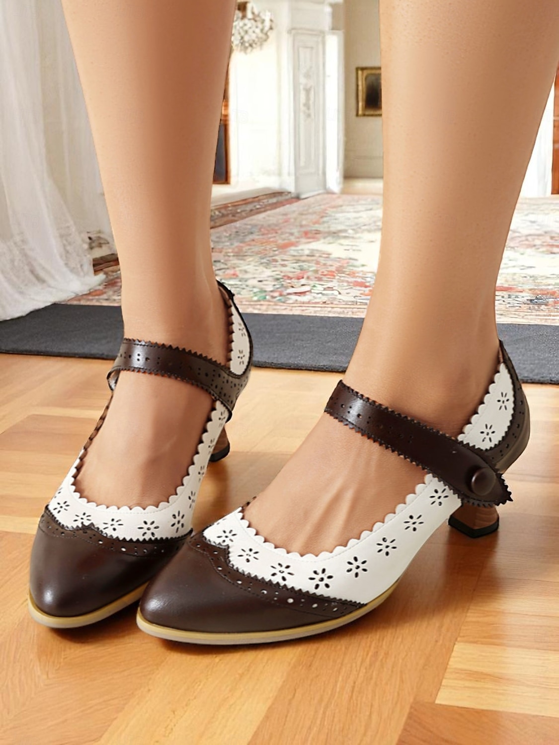 Women's 1900s Edwardian Vintage Gatsby Mary Jane Shoes-Green and White Leather Cutout Heels with Scalloped Edge, Perfect for Historical Costumes, Retro Parties, and Daily Wear 2026 - $54.99 –P9