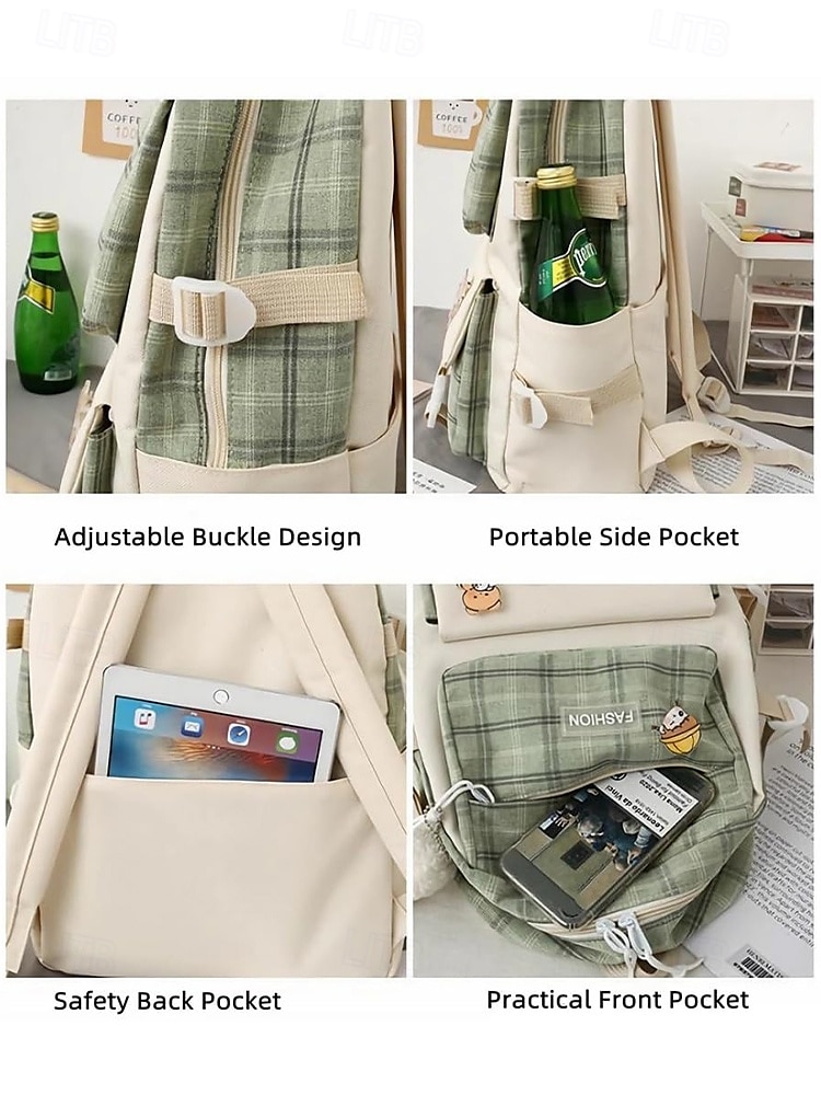 Girls 5-piece school backpack set with messenger bag, Pencil bag, Coin purse - Cute patchwork plaid design, Lightweight and durable, Suitable for teenagers and daily use 2025 - $32.99 –P7