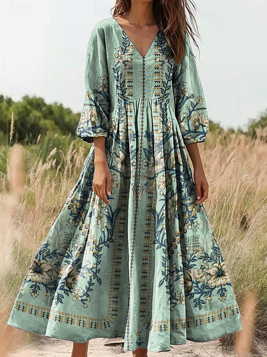 Damen Maxikleid Sommerkleid A Linie Kleid Faltenkleid Urlaub Lässig Boho Ausgehen Lässiger Schnitt Blumen Grafik Dreiviertelarm V Ausschnitt Schwarz Gelb Blau Grün Sommer Frühling 2025 - $35.99 –P2
