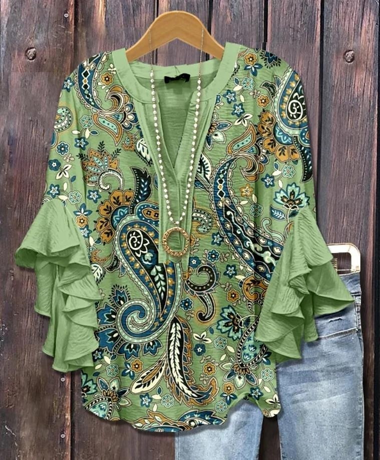 Dames Blouse V-Hals Bloemen Grafisch Geometrisch Bohemia Vintage Dagelijks 3/4 Mouw Flatter Sleeve Reguliere Tops Dagelijks Vakantie Kleding Ruffle Print Wijnrood Blauw Groen Zomer Lente Herfst 2025 - $29.99 –P3