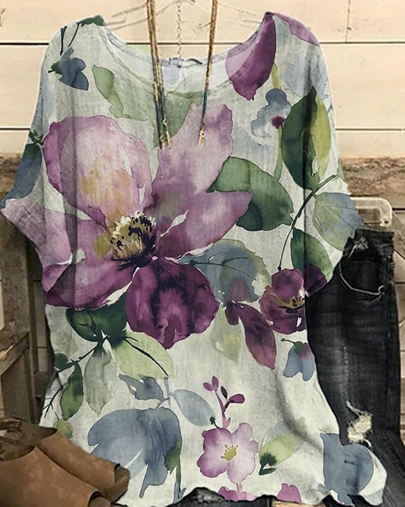 Per donna Camicia Maglietta Stampato Fiori Elegante Moda Moderno Manica Corta Girocollo Top Regolari Quotidiano Weekend Bianco Giallo Verde chiaro Viola Verde Estate del 2026 a $23.99 –P4