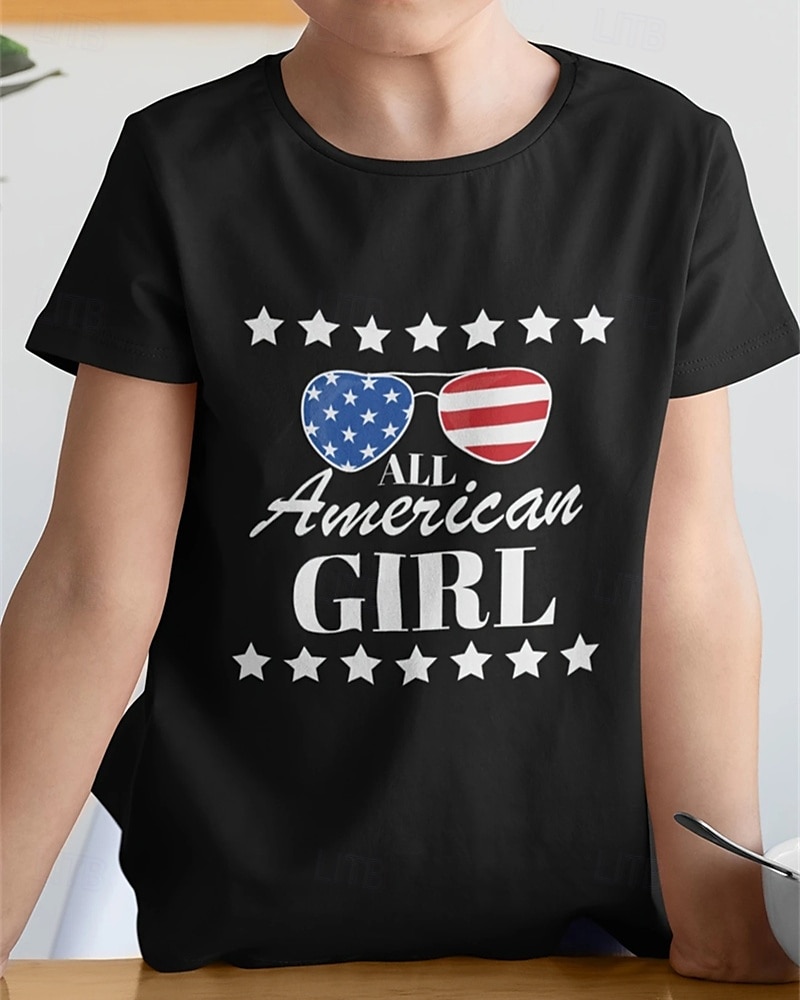 100% Cotton American Independence Day Kids Girls' Black White USA T shirt Tee Crew Neck Short Sleeve Outdoor Vacation Daily Classic Casual Print Summer 2025 - $13.99 –P4