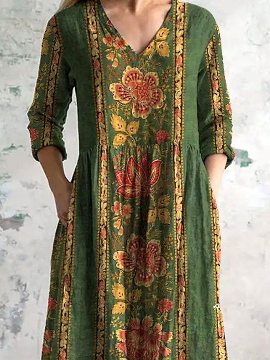 Femmes Robe Midi Robe d'Été Robe trapèze Vacances Occasionnel Boho Sortir Plage Fleuri Graphique Manche 3/4 Col en V Vert Été Printemps de 2025 ? $35.99 –P2