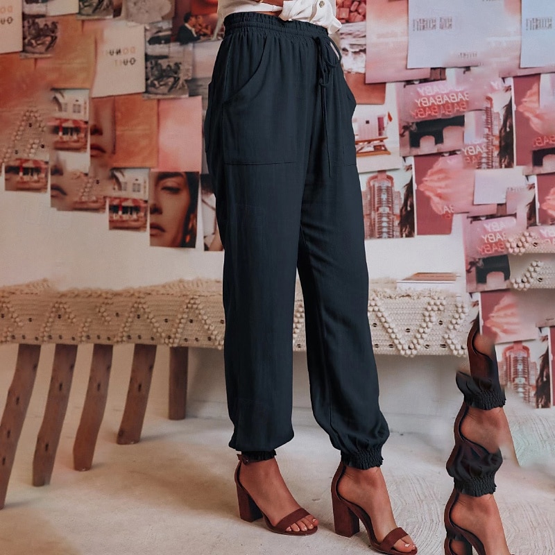 Femmes Slacks Pantalons Occasionnel Longueur complète Naturel Uni Avec Poches Conception à cordon élastique Confortable Extérieur Fête Décontracté Quotidien Week-end Vin Noir Vert Claire Vert Véronèse de 2025 ? $18.99 –P15