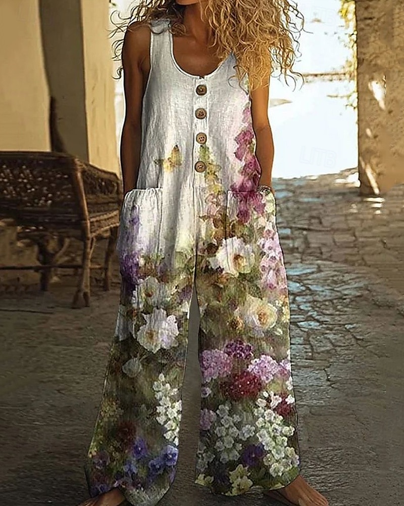 Per donna Normale Pantaloni in lino e cotone Elegante Floreale Senza Maniche Gamba larga Collo a U Bottoni Tasca Streetwear Quotidiano Vestibilità regolare Verde Estate del 2025 a $31.99 –P1