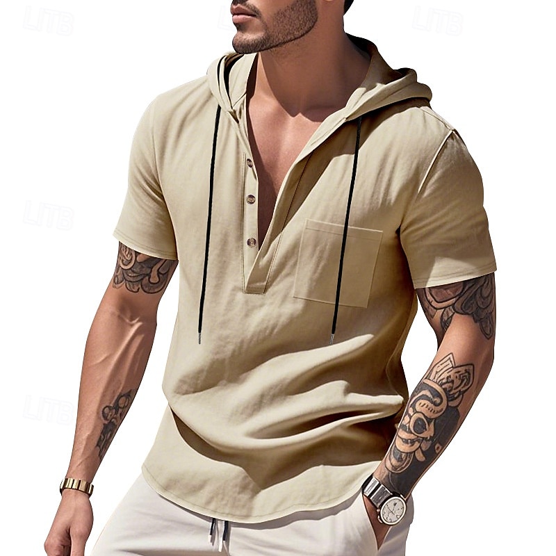 Men's Shirt Linen Shirt Popover Shirt Casual Shirt Cotton Shirt Plain Vacation Street Black White Navy Blue Brown Short Sleeve Hooded Summer Clothing Apparel Lace up 2025 - $22.99 –P20