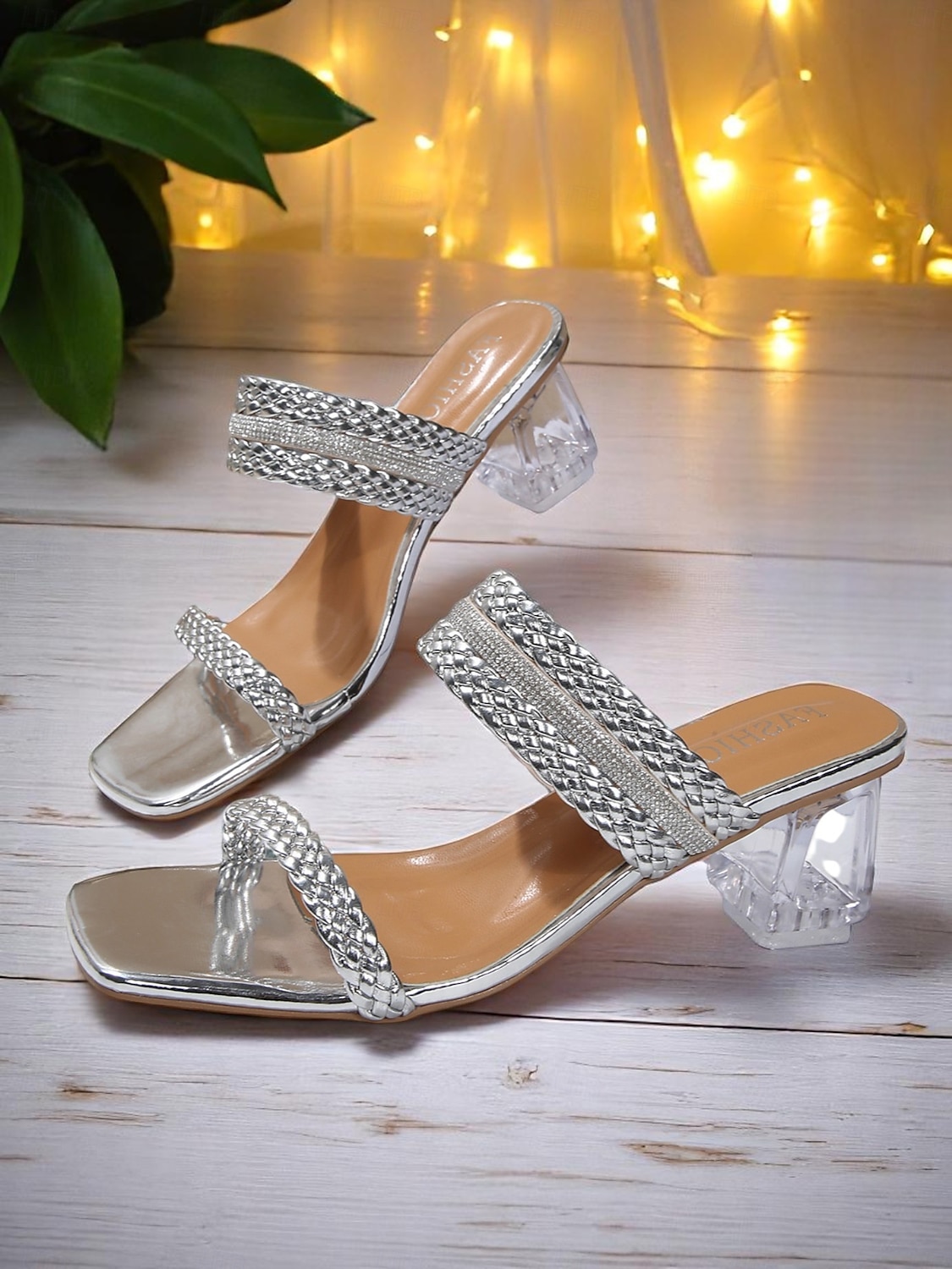 Women's Gold Braided Strap Slide Sandals with Clear Block Heels - Sparkly Open Toe Party Shoes for Nightlife and Clubwear 2025 - $26.99 –P2