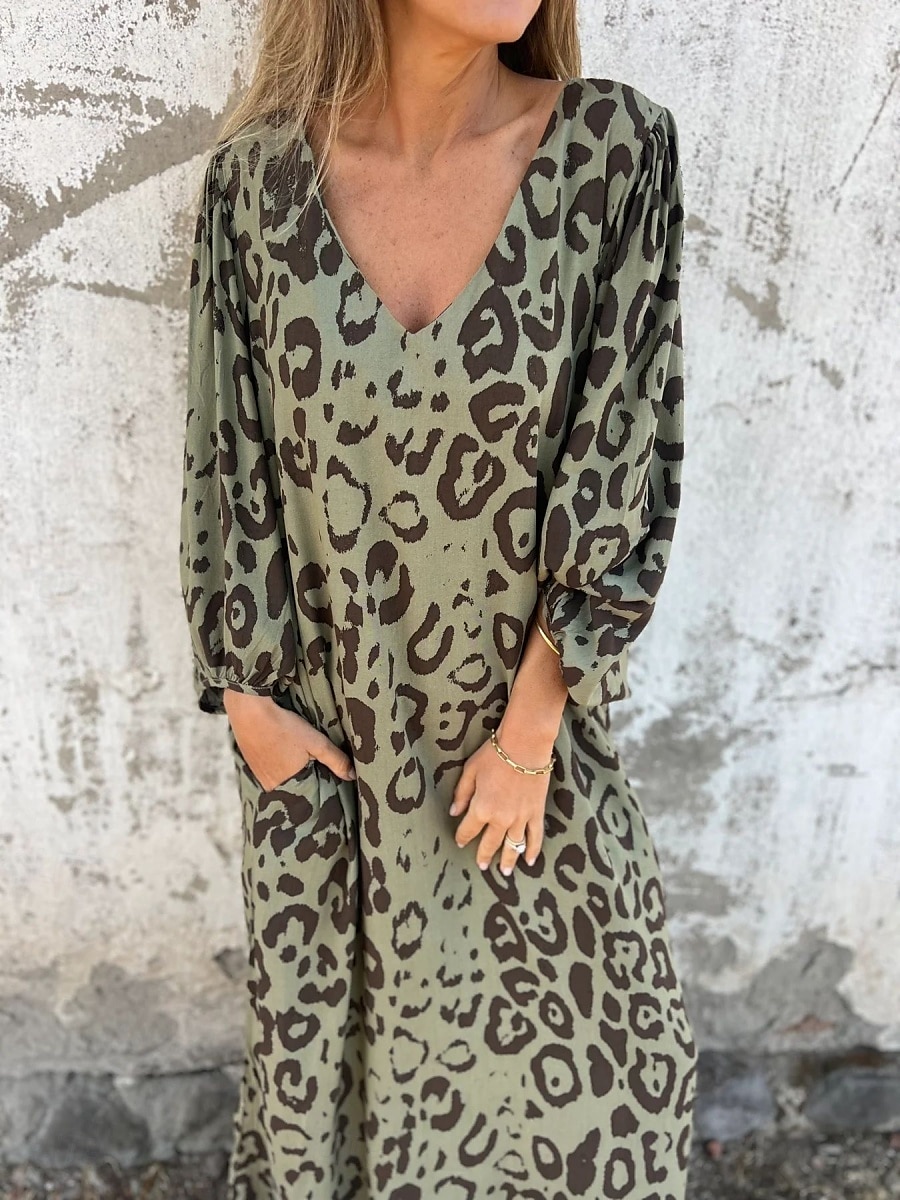Damen Maxikleid A Linie Kleid Lässig Outdoor Ausgehen Normale Passform Leopard Langarm V Ausschnitt Weiß Himmelblau Dunkelgrün Grün Sommer 2025 - $21.99 –P4