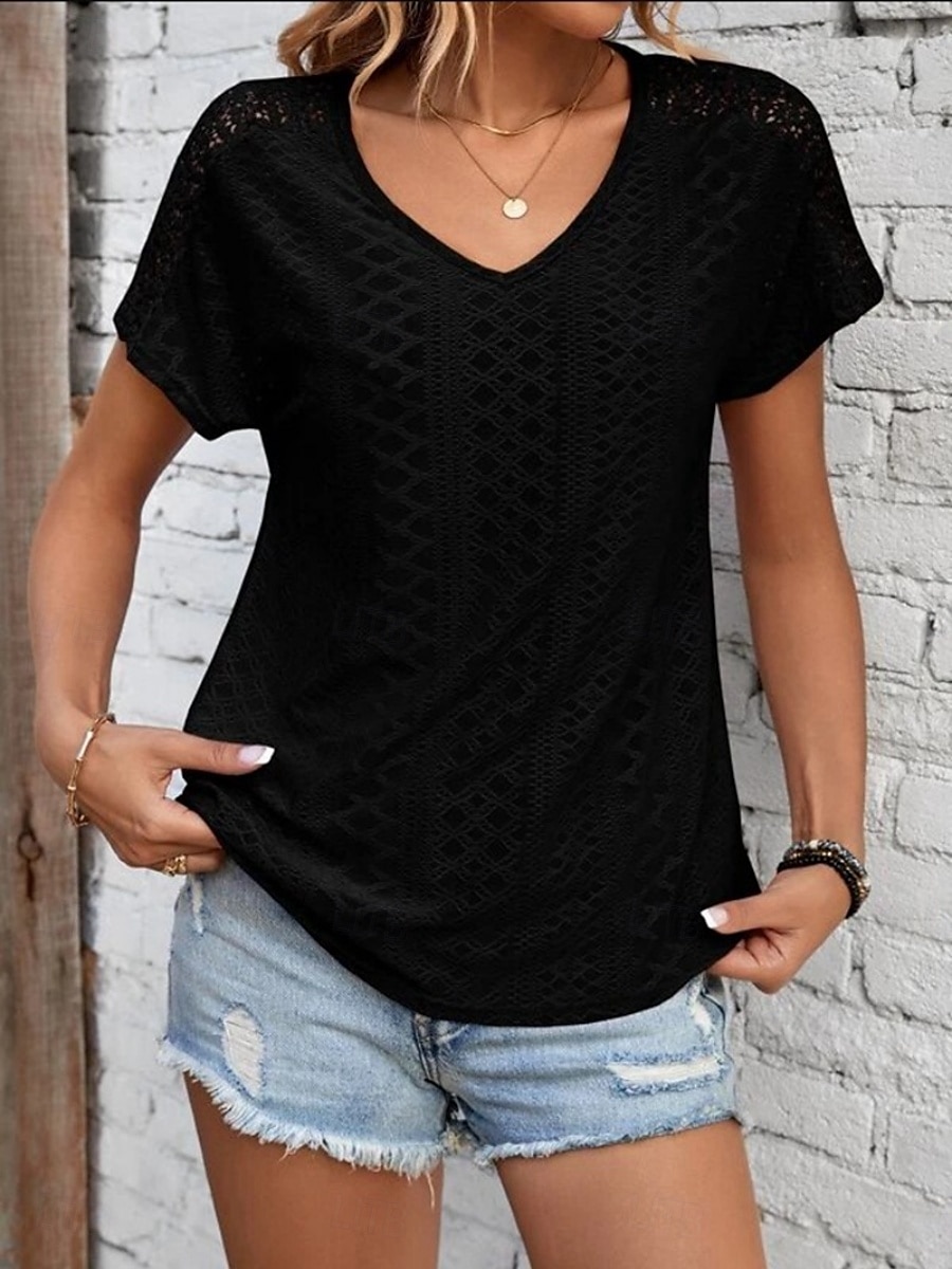 Femmes T-shirt Uni Mode Moderne Occasionnel Manche Courte Col en V Hauts Réguliers Quotidien Week-end Œillet Noir Blanche Jaune Rose Claire Été de 2025 ? $23.99 –P3