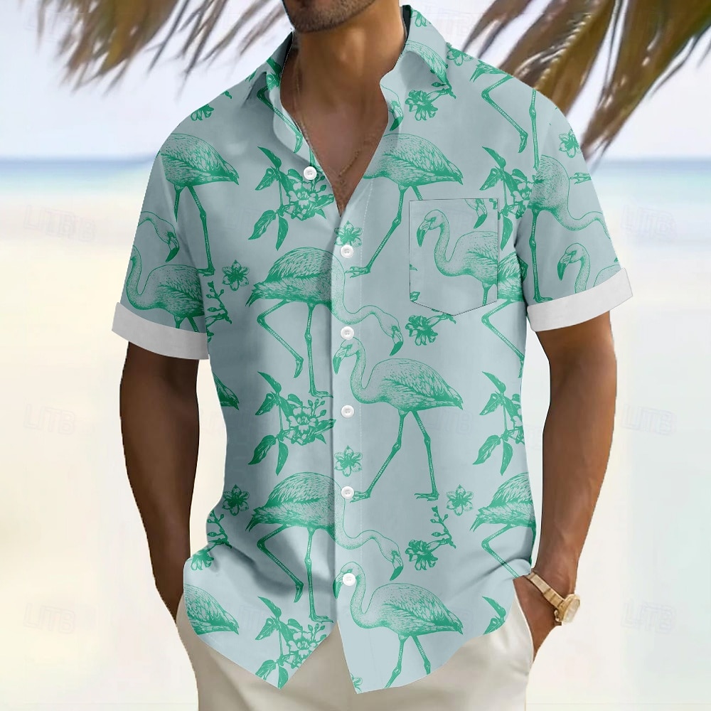 Miesten Flamingo Lintu Havaiji paita Button Up paita Havaijilaispaita Lyhythihainen Havaijilainen Loma Pyhäpäivä Ranta-asut Kesä Sänkyjen avaus 3D-tulostus Edessä yksi tasku Pellava kuin paita 2025 - $23.99 –P3
