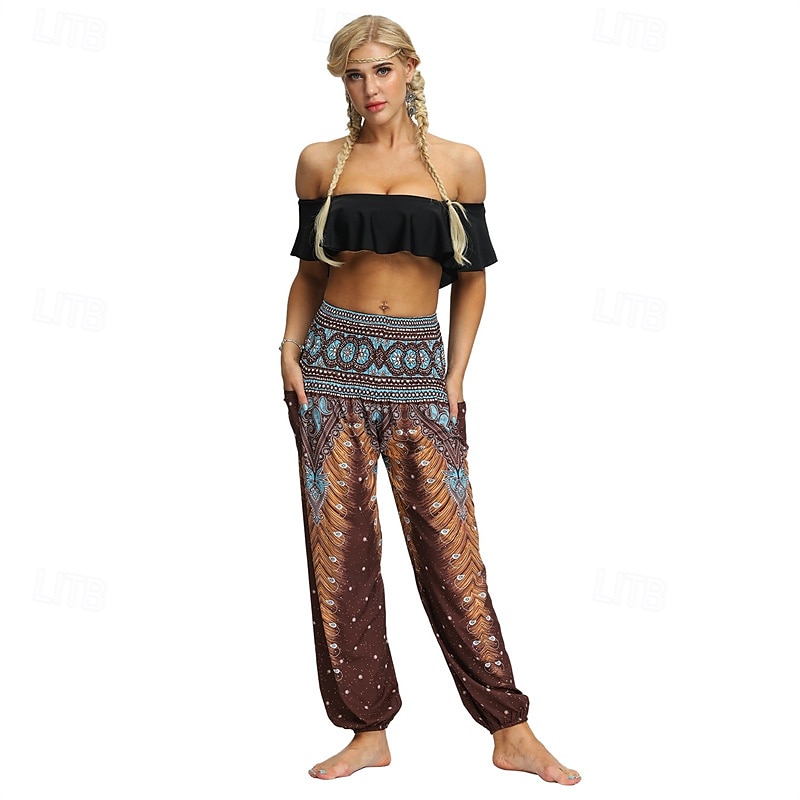 Retro Antiguo Boho Años 70 Pantalones Harem Pantalones de yoga Hippie Cintura elástica Pavo real Plumas Mujer Víspera de Todos los Santos Carnaval vacaciones en la playa Fiesta temática retro Festival 2025 - $27.99 –P2