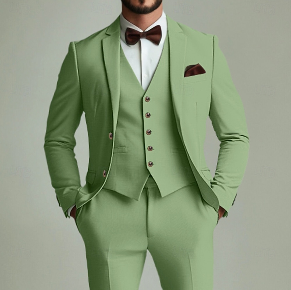 Uomo Matrimonio Feste Completi Verde salvia Formale Tinta unita Vestibilità standard 3 pezzi Monopetto Due Bottoni del 2025 a $122.99 –P3