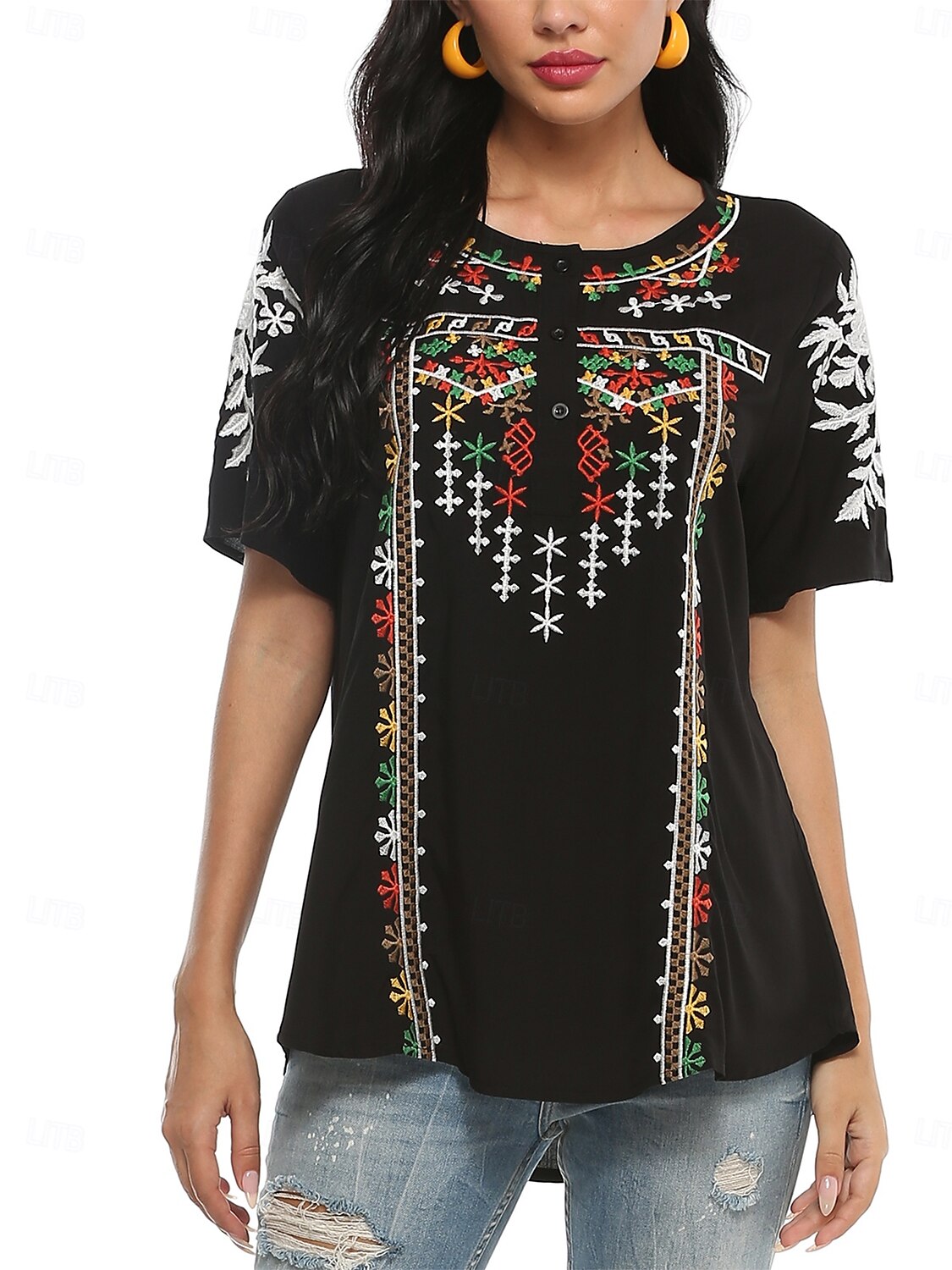 Dame Boho skjorte Blomstret Fritid Kortermet 3/4-ermer Crew-hals Vanlige topper Arbeid Daglig Ut på byen Broderi Svart Sommer 2025 - $23.99 –P3
