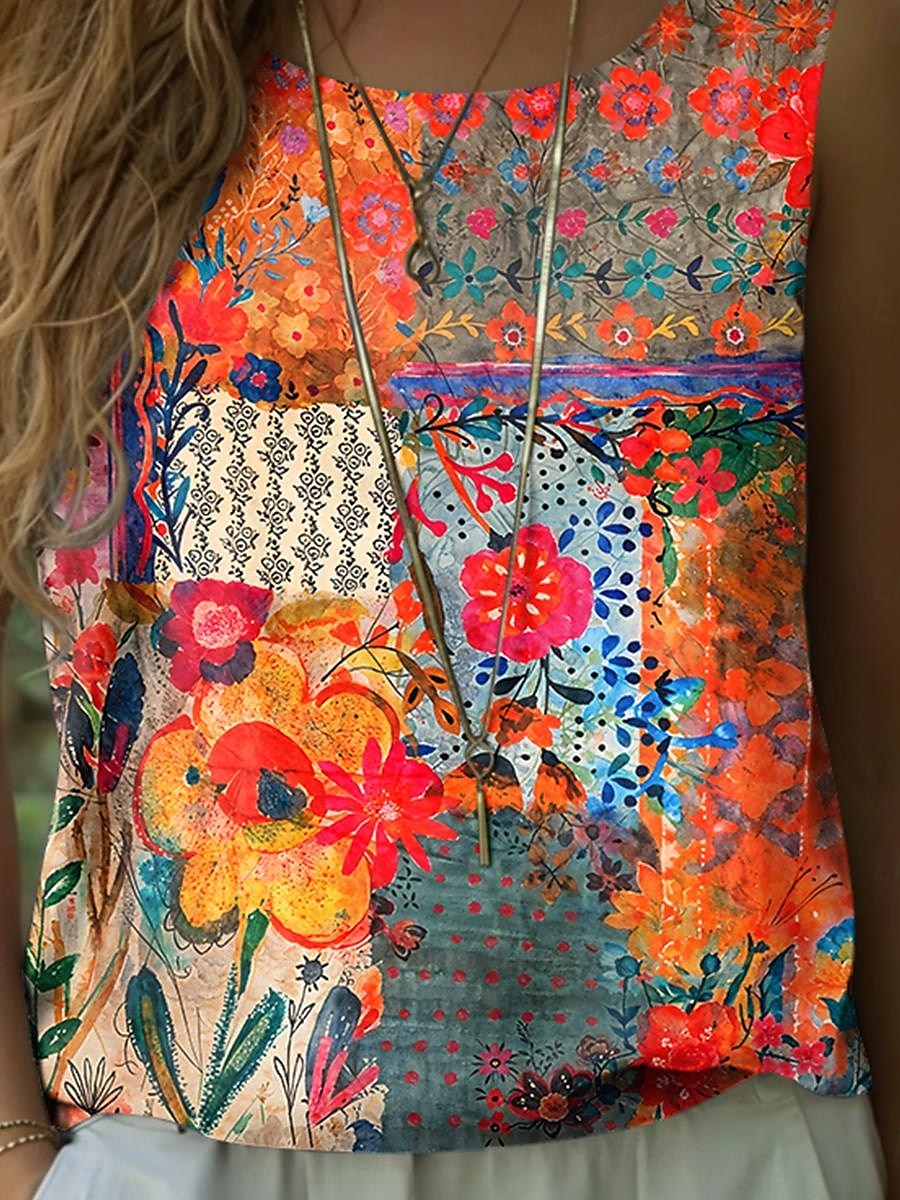 Dame Camisole Tank Top Blomstret Grafisk Elegant Bohem Årgang Ermeløs Crew-hals Vanlige topper Svart Oransje Sommer Vår 2025 - $19.99 –P3