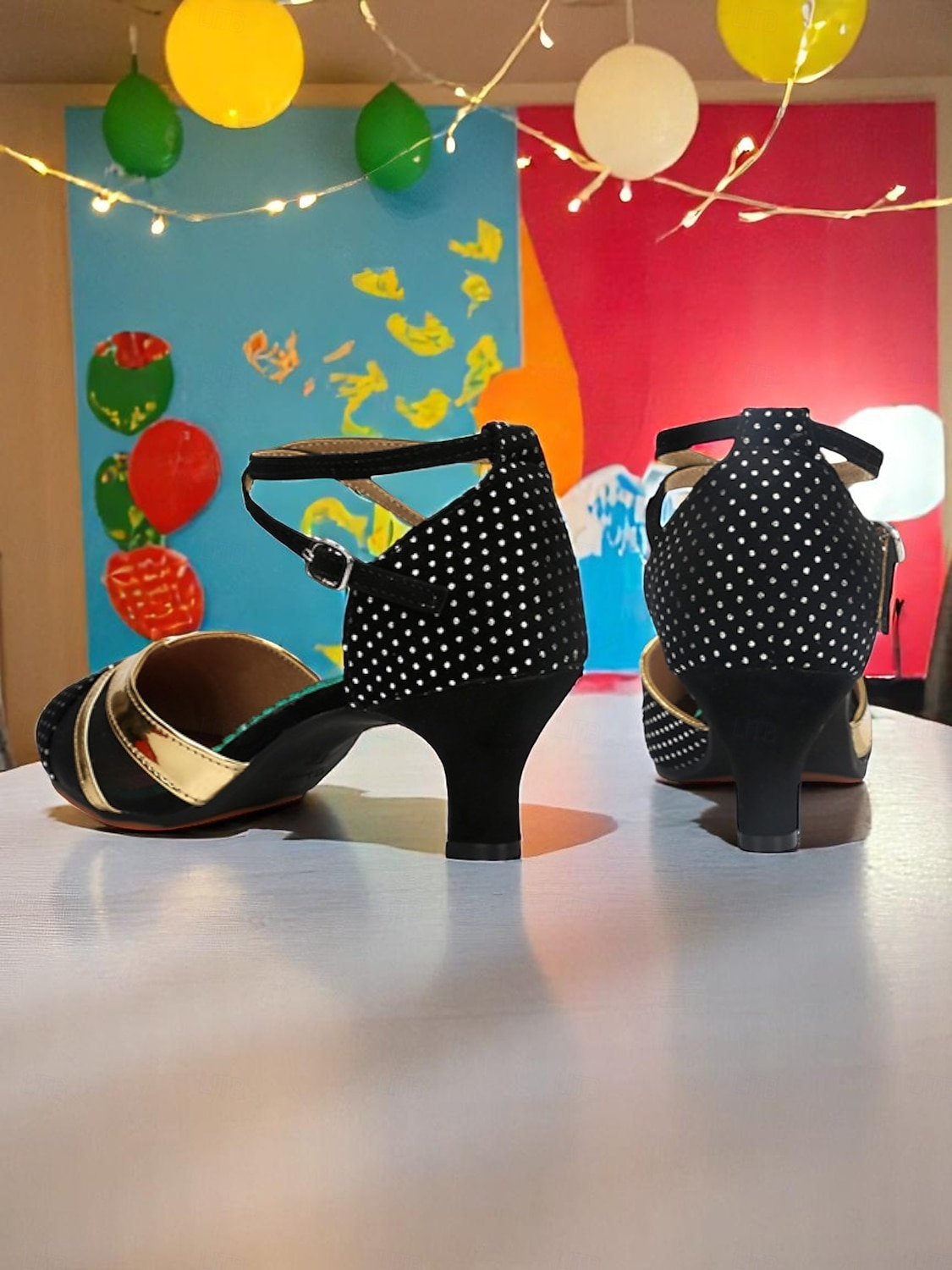 Pantofi de dans negri cu buline și accente aurii pentru femei - tocuri profesionale pentru dansuri latino cu bareta la gleznă pentru artiști și antrenamente de dans 2025 - $29.99 –P3